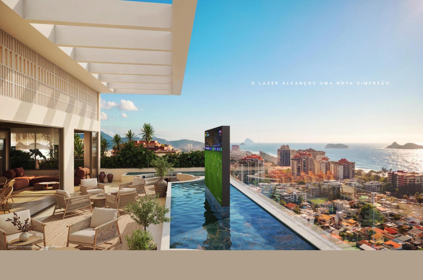 Rooftop com piscina e telão de LED, durante o dia
